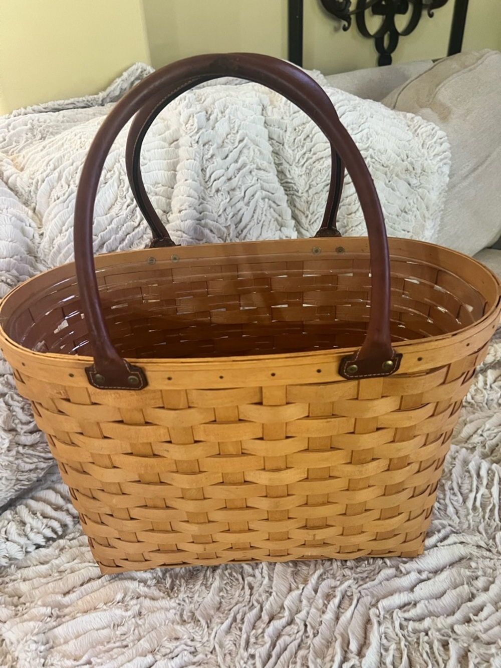 Longaberger Natural Tan Woven Tote with Brown Handles